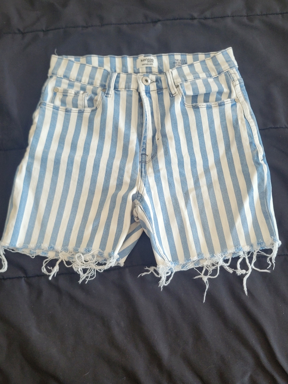 Kensie Blue & White Striped Distressed The "Allie"High Rise Denim Shorts Summer